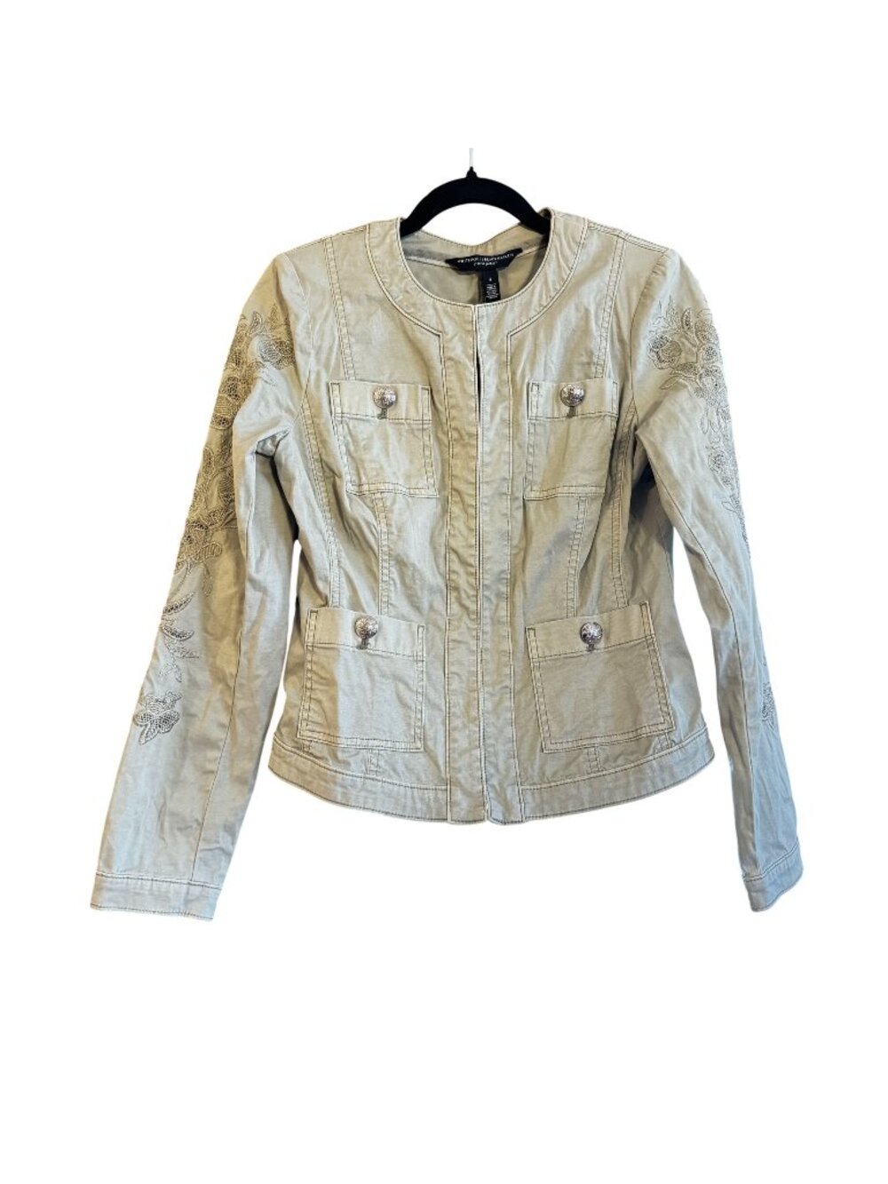 White House Black Market Army Green Embroidered Button-Up Cotton Jacket 4
